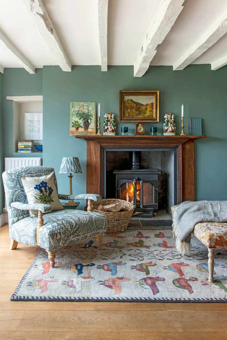 Armchair in front of fireplace