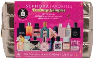 This is an image of a metallic bag featuring perfume bottles on the front.