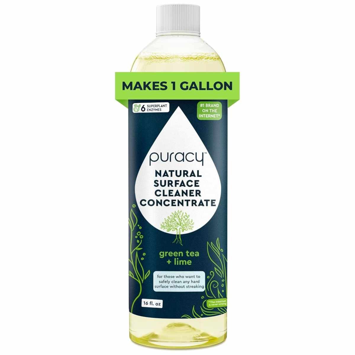 A plastic bottle of surface cleaner with a blue, green and white label