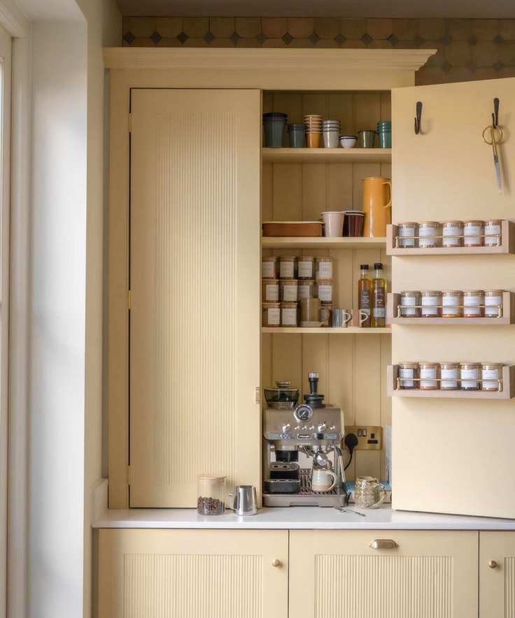 yellow pantry cupboard with coffee machine by alice grace interiors