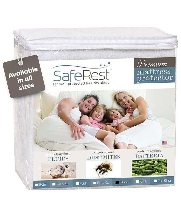 A white SafeRest waterproof mattress protector shown folded in a clear bag with a printed design on the front.