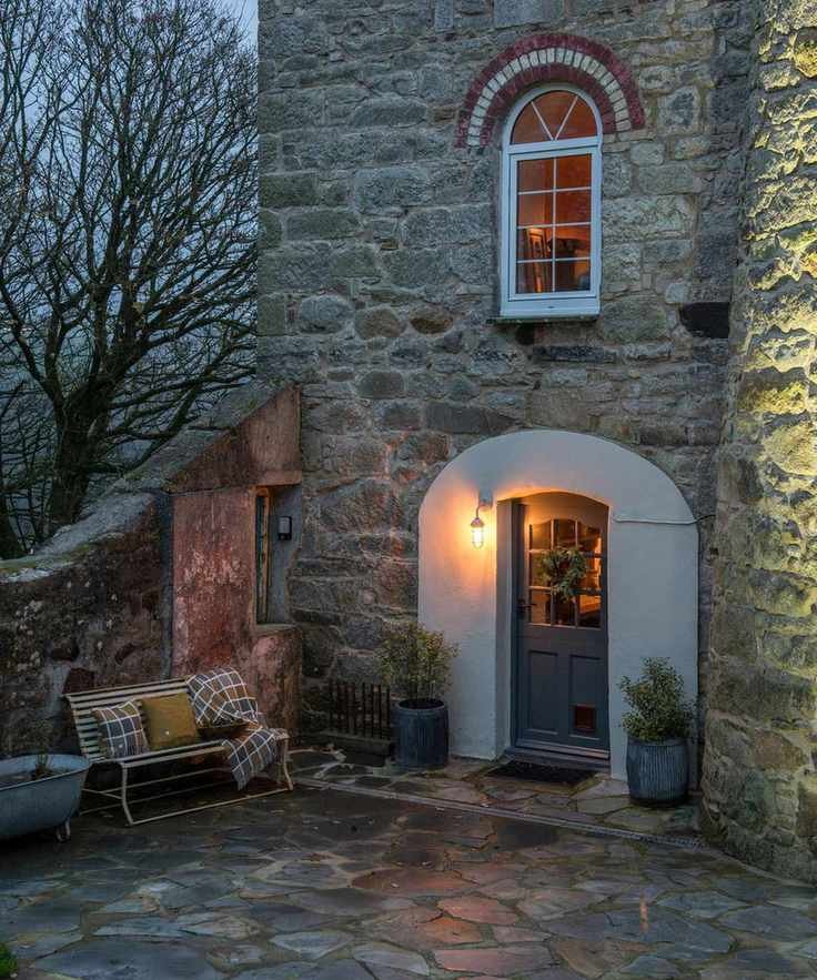 Exterior view of front door to house in the evening.