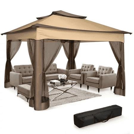 Cobizi 11x11 Pop Up Gazebo Outdoor Canopy Gazebo Patio Gazebo With Mosquito Netting Canopy Shelter With 121 Square Feet of Shade for Poolside, Garden, Party and Backyard, Brown