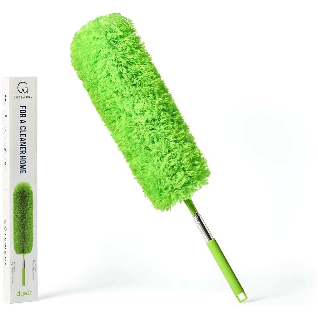 A green extendable feather duster.