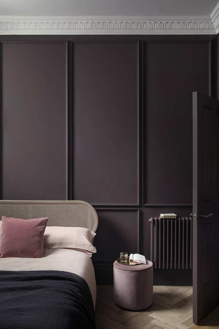 Purple bedroom with wall paneling in Walls in Pontefract by Paper & Paint Library