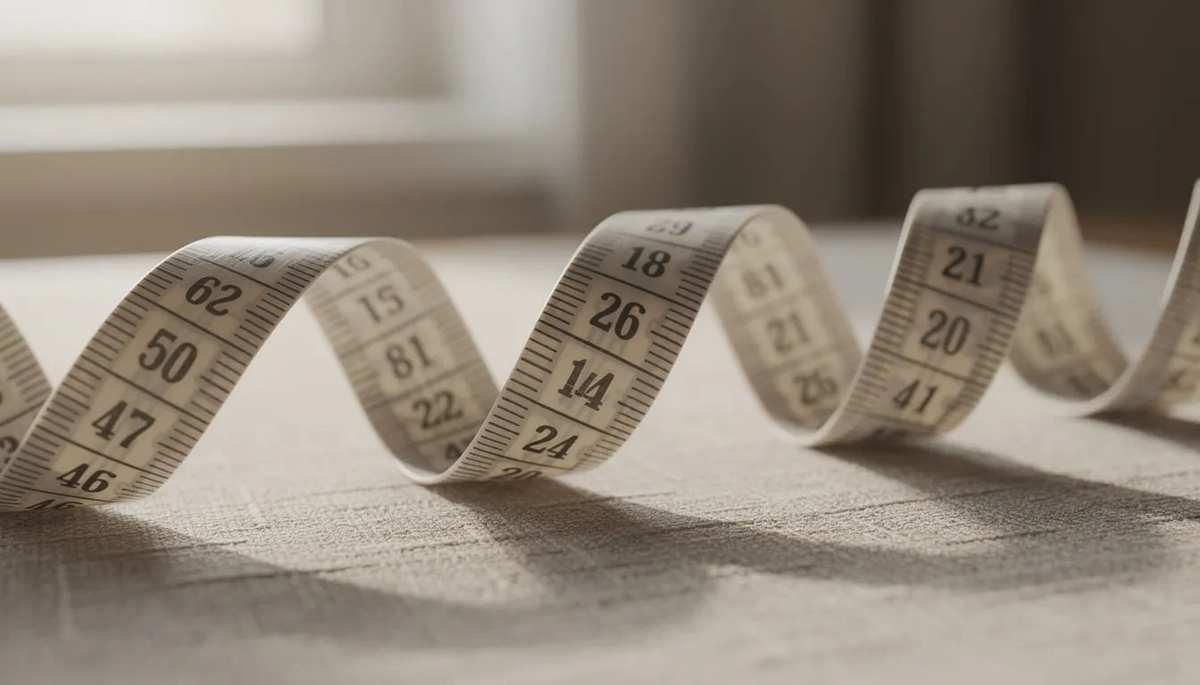 A close-up image shows a soft measuring tape draped over neutral fabric, emphasizing its role in determining accurate measurements for bra sizes, such as band and cup sizes, to ensure a comfortable fit. The tape measure highlights the importance of proper bust measurement for achieving the perfect fit in bras.