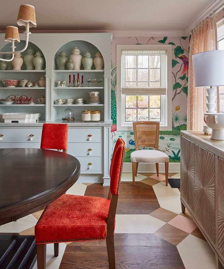 Dining room with a bespoke dresser filled with collectibles and ceramics