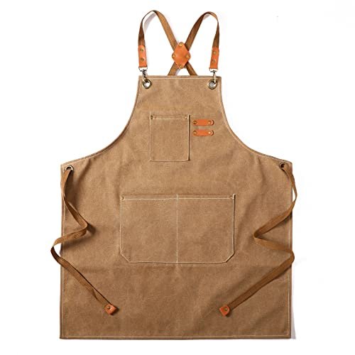 Tosewever Canvas Cross Back Chef Apron for Men Women With Adjustable Straps Large Pockets, Waterdrop Kitchen Heavy Duty Cotton Aprons for Tool Cooking Bbq Artist, M to Xxl (cappuccino Brown)