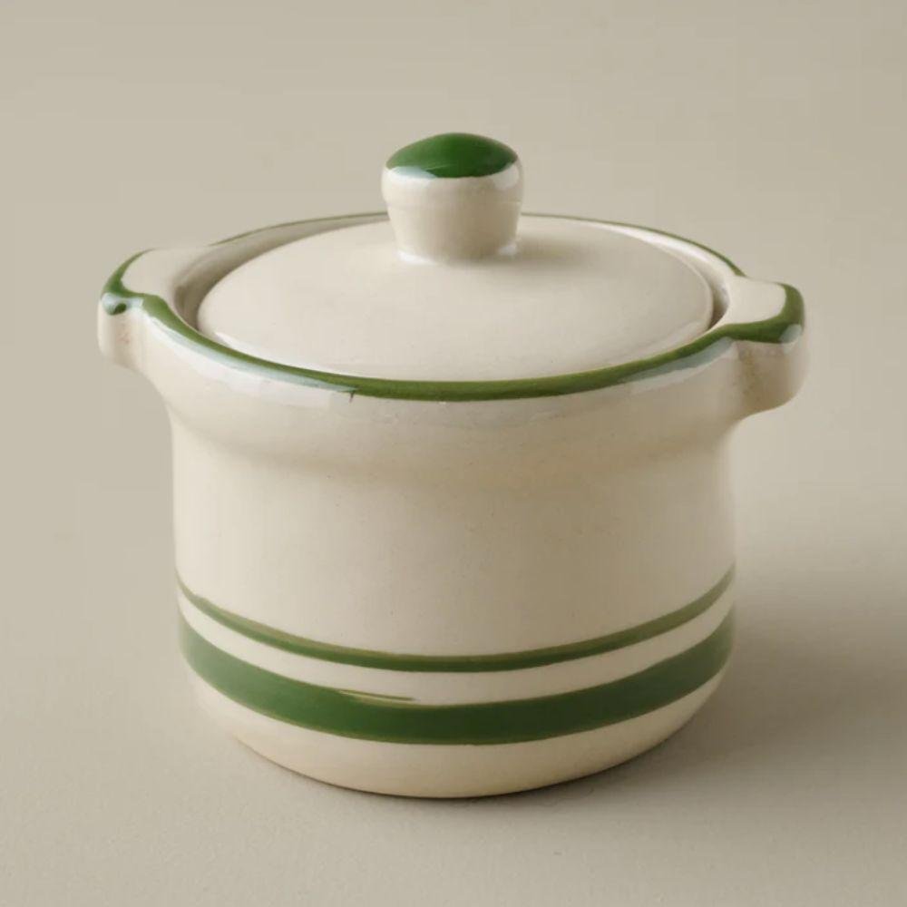 Green and white ceramic butter dish with lid