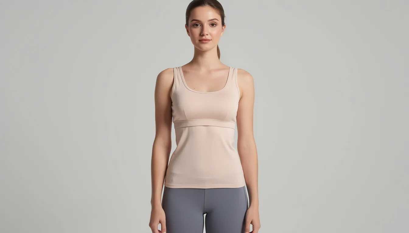 A woman stands straight with good posture, wearing a comfortable t-shirt bra that fits properly, emphasizing her bust size. The bra's center panel sits snugly against her chest, highlighting the significance of wearing the correct size for optimal support and comfort.