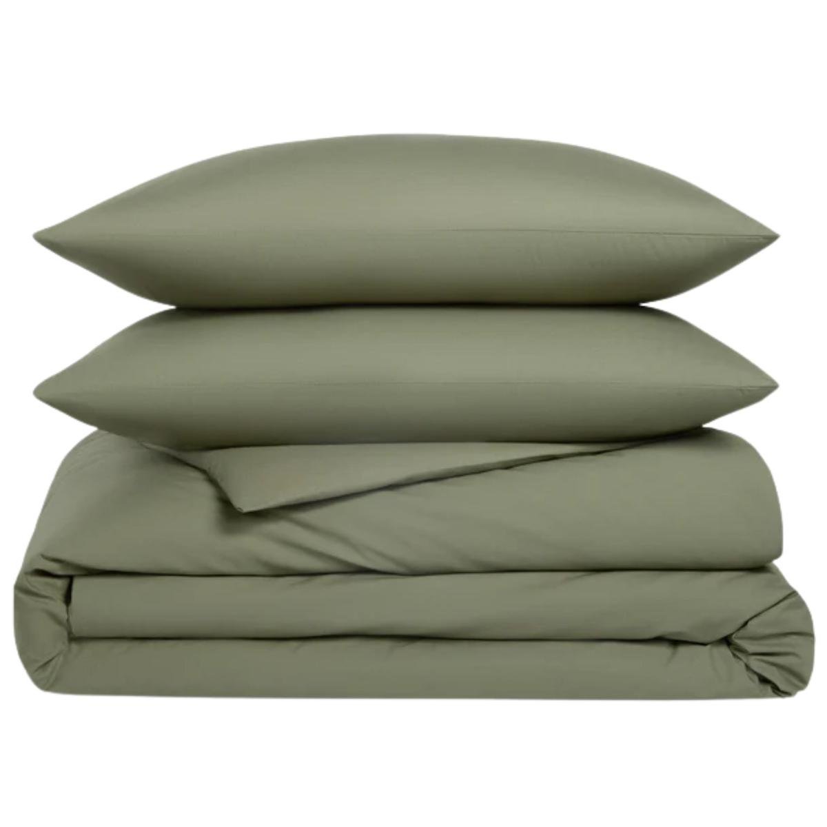 A folded khaki Brooklinen classic percale duvet set with two pillows on top