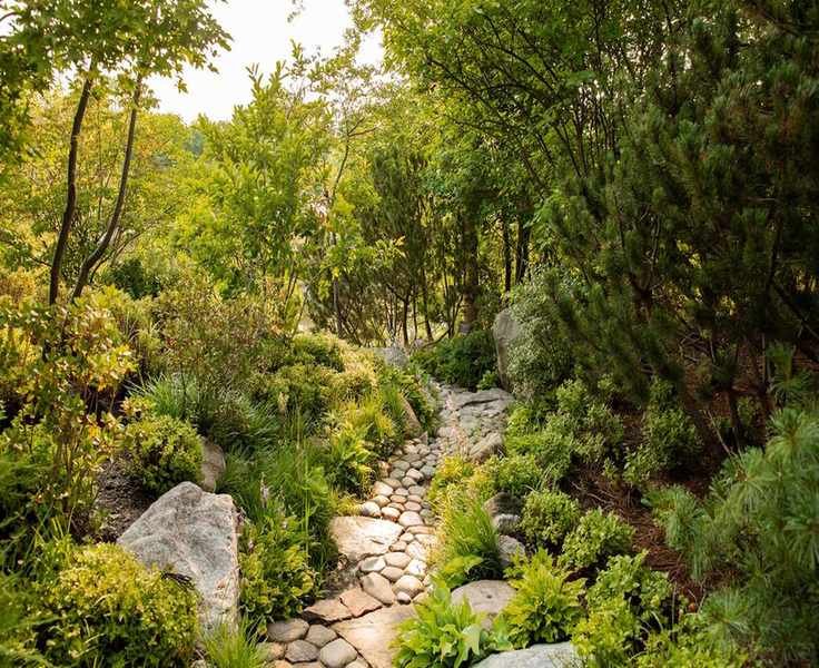 Meijer Japanese Garden pebble path with abundant green foliage either side