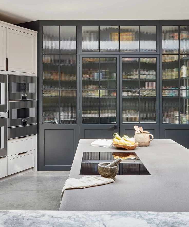 Modern pantry with glazed cabinet doors and stone surface
