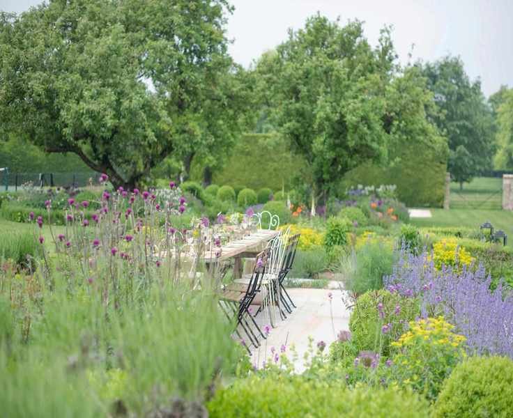landscaped backyard with zoned area for dining surrounded by planting