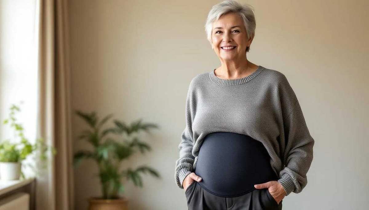 An older woman wearing tummy control shapewear, showcasing its importance for comfort and confidence.