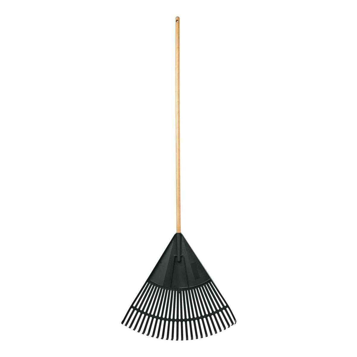A black rake with a wooden handle