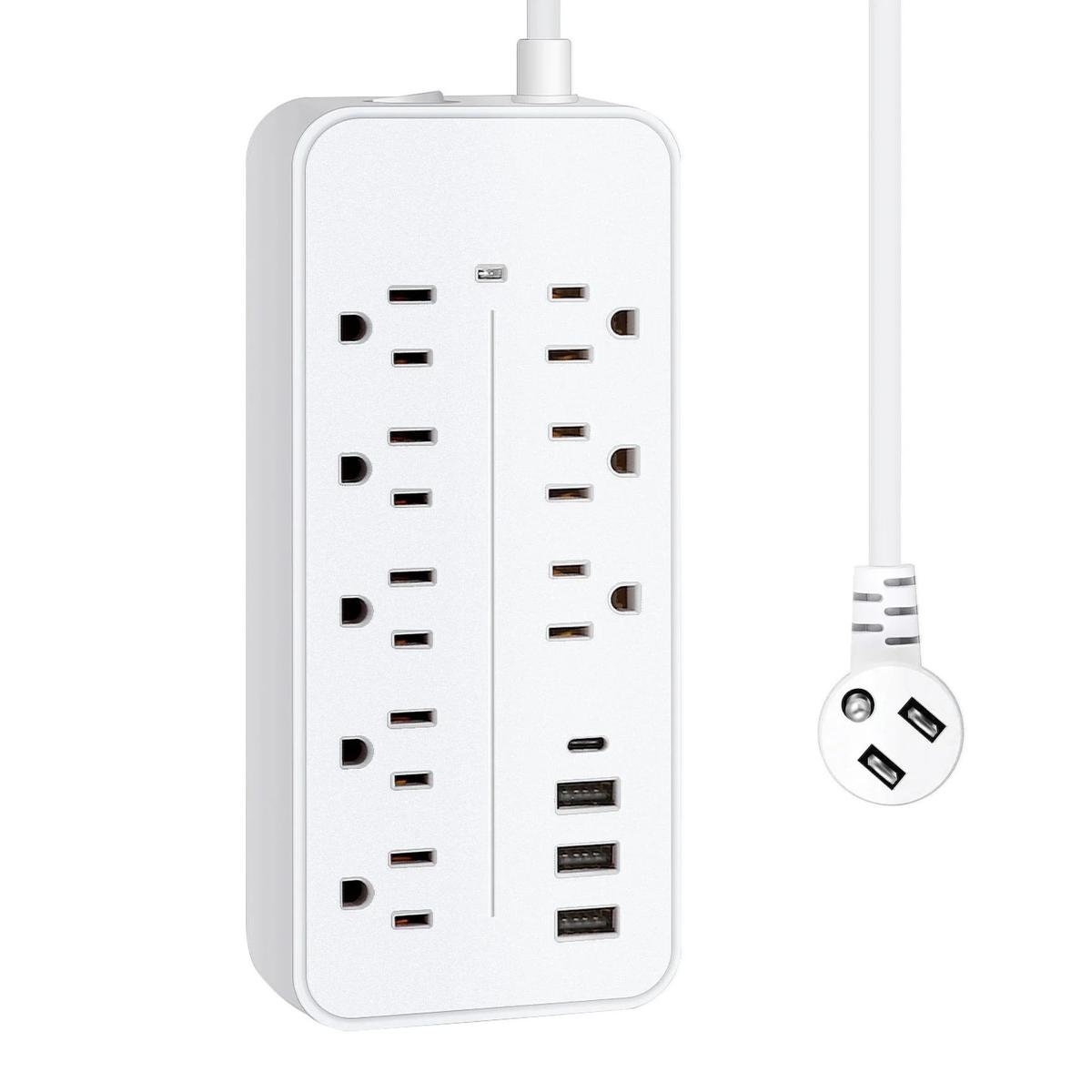 A white power strip surge protector with plug sockets and USB ports