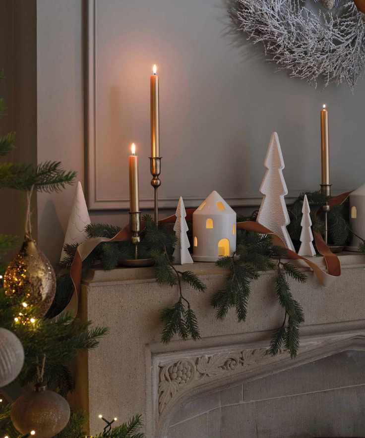 Close up of decorated mantel with christmas ornaments
