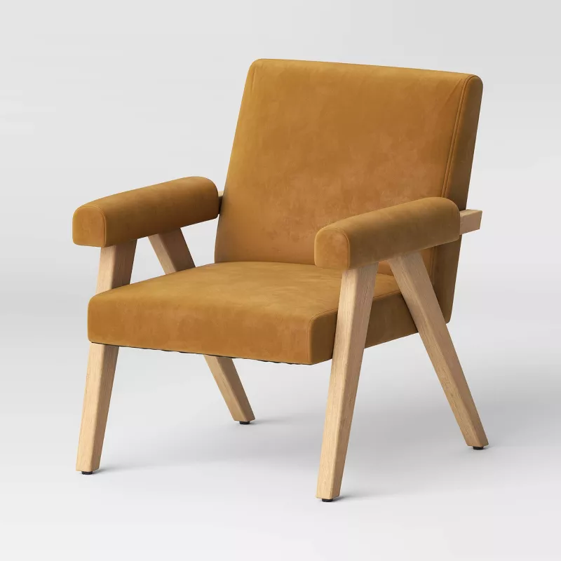 Textured Woven Upholstered Arm Accent Chair Light Brown Velvet - Threshold&amp;trade;: Rubberwood Frame, Polyester Fabric