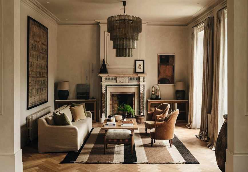 an earthy victorian living room in England with a large green glass chandelier, victorian fireplace, striped rug, and neutral furnishings