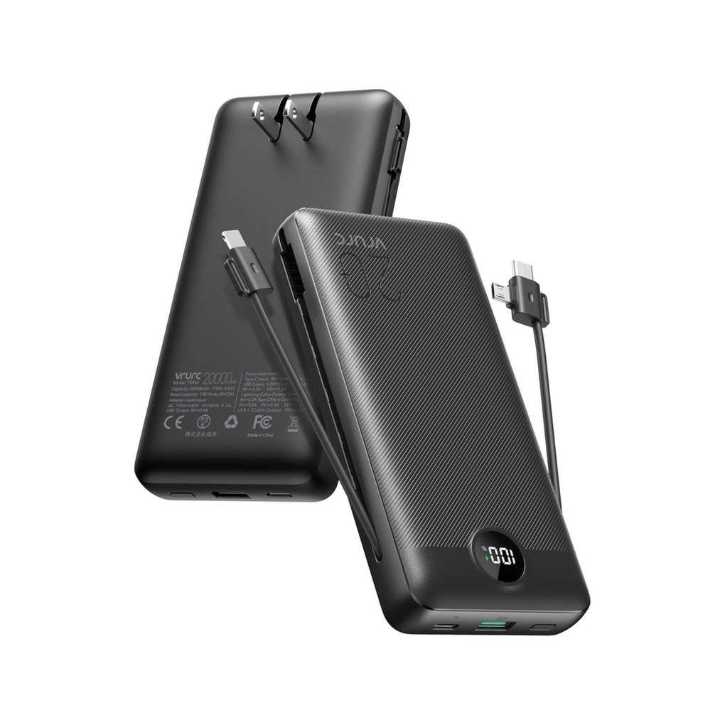 Two black curved rectangular power banks with built-in cables and LED screens