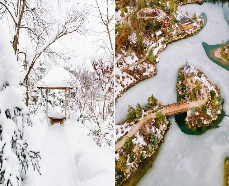 Meijer Japanese Garden in winter. To the left, a snow covered pergola. To the right, an aerial view of the frozen pond