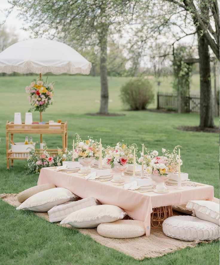 Lake Geneva Picnic Co luxury picnic with a low table, pink tablecloth, jute rug and large floor cushions