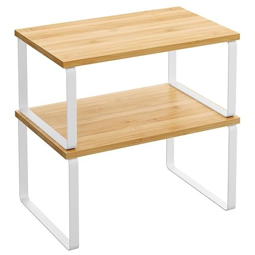Two shelf organizers with white metal stands and light wooden shelf tops