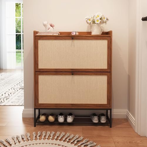 Avzear Narrow Shoe Storage Cabinet With 2 Flip Drawers, Freestanding Shoe Organizer Wooden Closed Shoe Rack, Slim Shoe Cabinet Storage for Entryway, Hallway, Living Room (walnut)