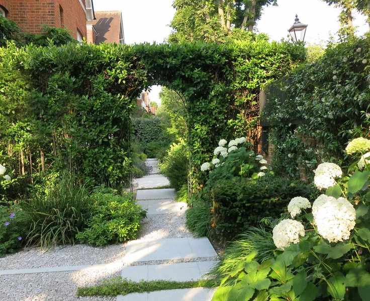garden with hydrangeas and arch way