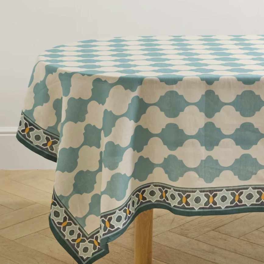 blue and white block print tablecloth