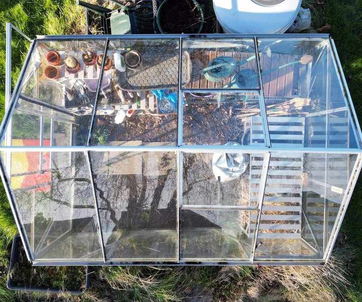 Greenhouse in a garden viewed from above