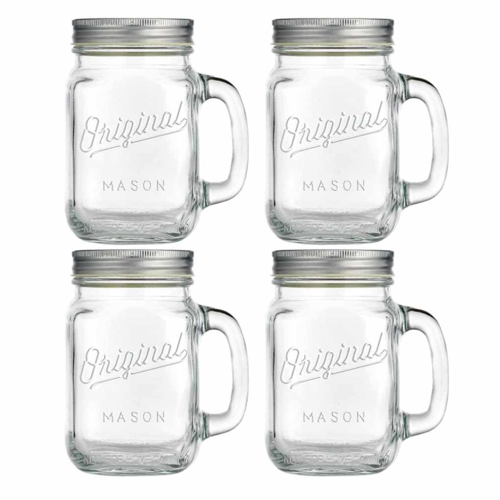 four Mason jar mugs with handles and lids