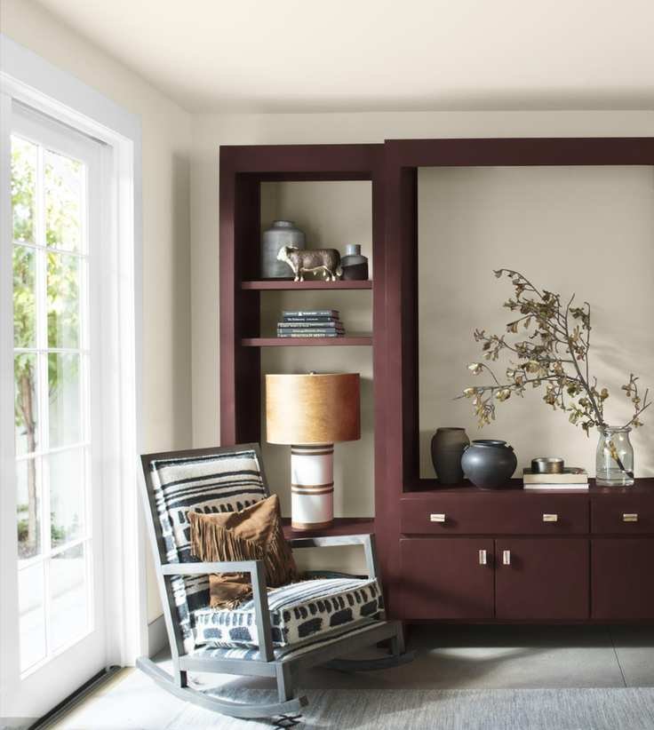 Living room with painted shelving