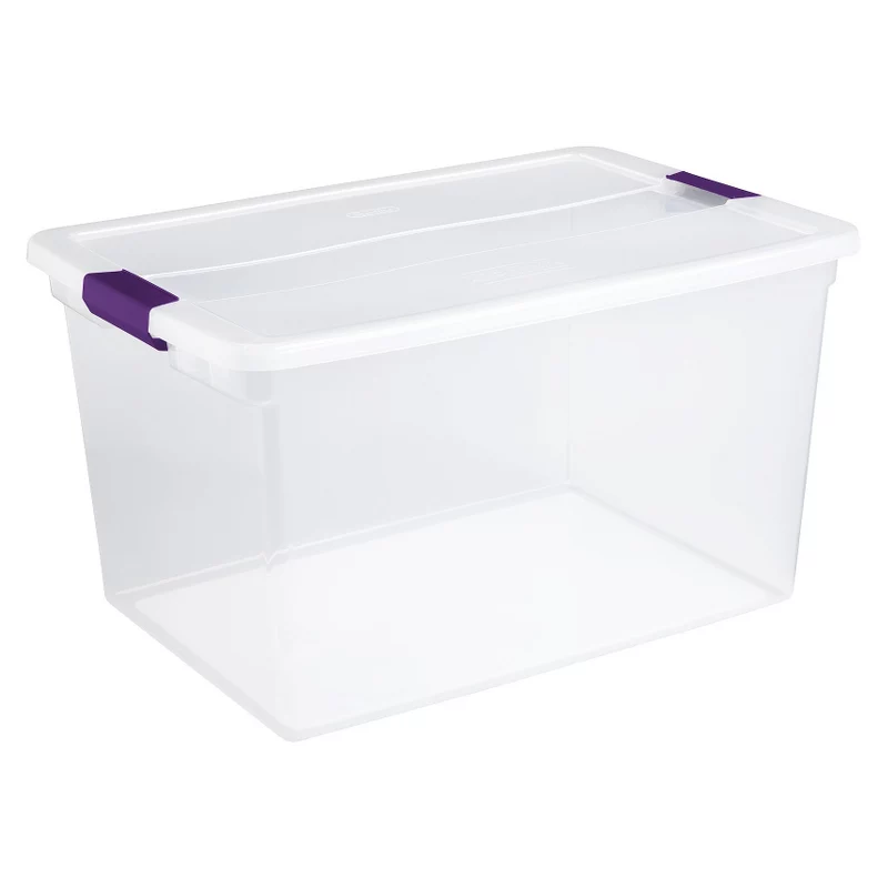 A large plastic storage tote with a clip-on lid.
