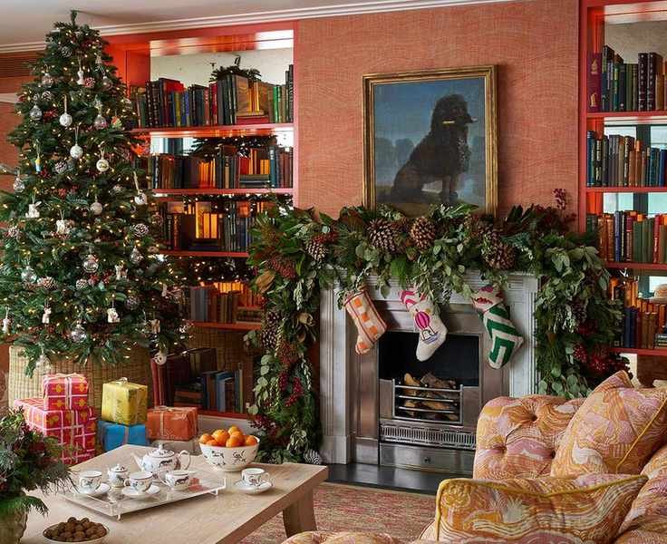 Living room with fireplace decorated with stockings
