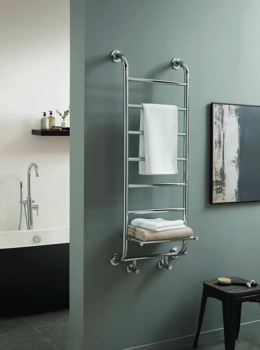 Grey, white and black bathroom with silver rail-shelf