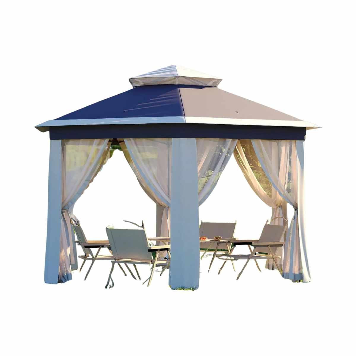 A blue and white gazebo with beige furniture underneath it