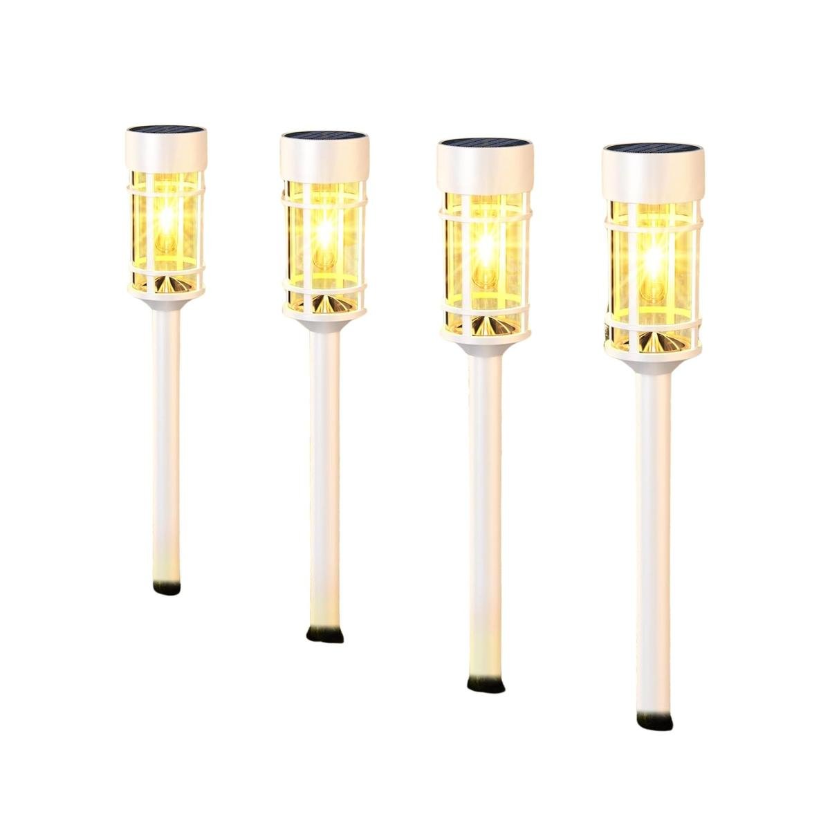 Four white outdoor wireless lights with glowing lights and thatched windows
