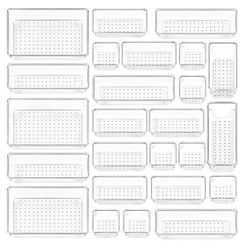 Vtopmart 25 Pcs Clear Plastic Drawer Organizers Set, 4-Size Versatile Bathroom and Vanity Drawer Organizer Trays, Storage Bins for Makeup, Bedroom, Kitchen Gadgets Utensils and Office