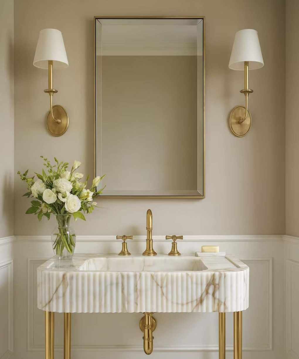 A warm neutral bathroom with a fluted marble vanity