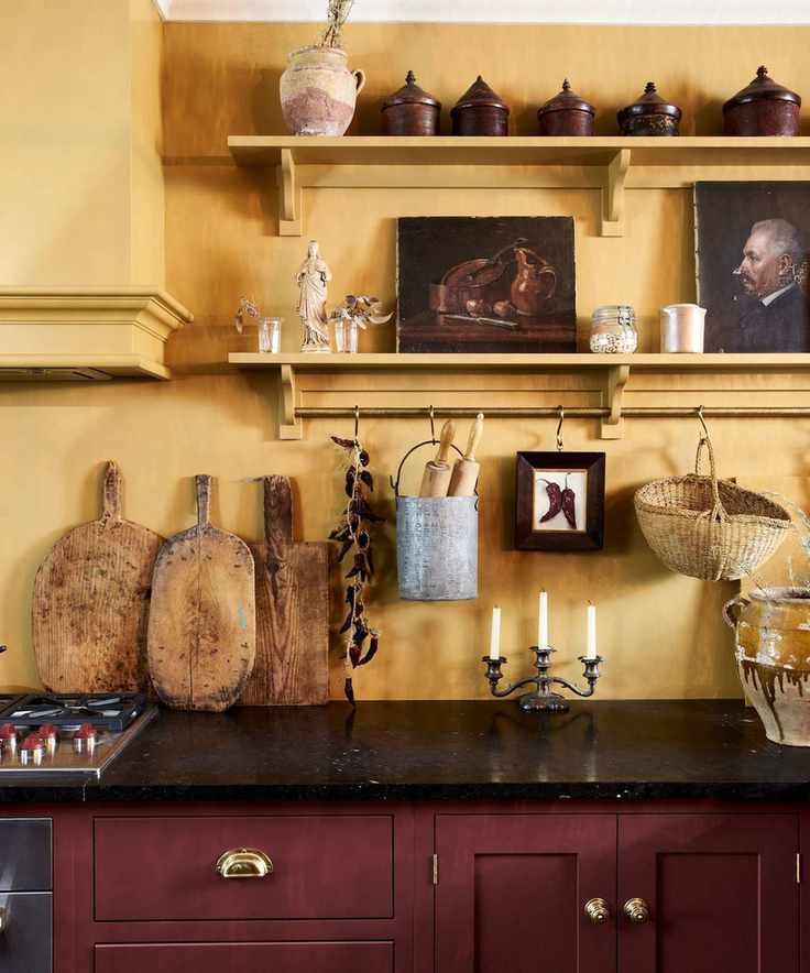 A vibrant kitchen with decorative shelves