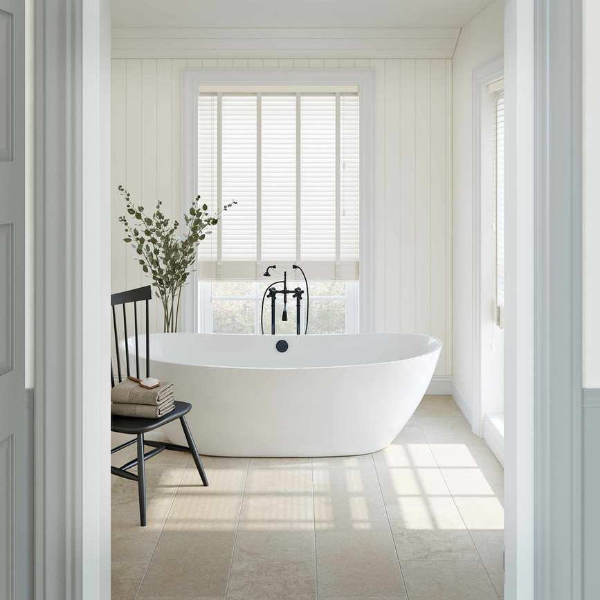 Swift taped Venetian blind in a white bathroom