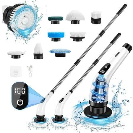 Electric Spin Scrubber - Cordless Cleaning Brush With 8 Heads & Long Handle Power Shower Scrubber for Bathroom Kitchen Tile Floor, White