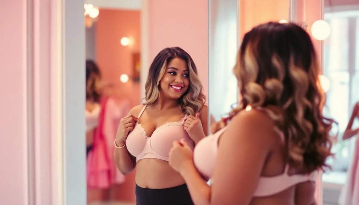 A woman assessing the fit and comfort of a plus size bra while trying it on.