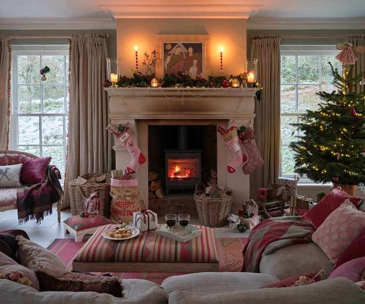 Traditional Christmas living room with a large fireplace