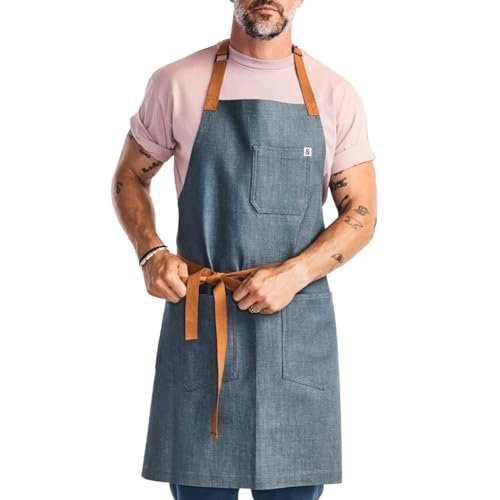 Hedley & Bennett Essential Apron - Heavy-Duty Denim Kitchen Apron With Pockets & Towel Loop - Professional Chef Workwear for Cooking & Grilling - Cedar