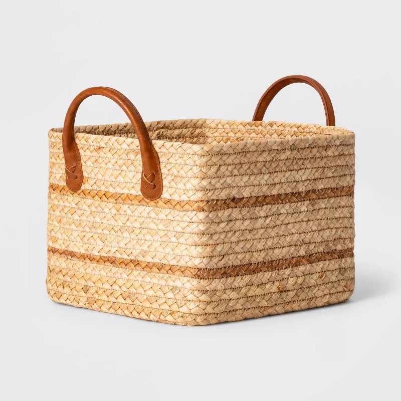 Small Braided Water Hyacinth Basket With Faux Leather Handles - Threshold&trade;