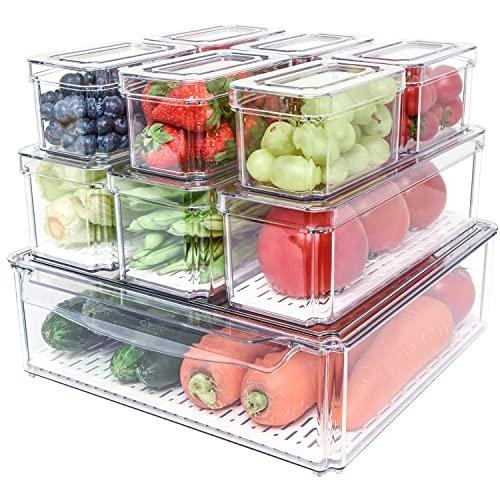 Pomeat 10 Pack Fridge Organizer, Stackable Refrigerator Organizer Bins With Lids, BPA-Free Produce Fruit Storage Containers for Storage Clear for Food, Drinks, Vegetable Storage