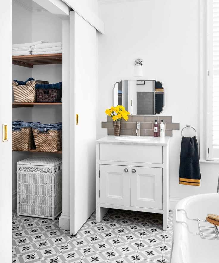 Bathroom combined with a compact laundry area.